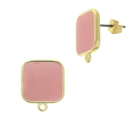 Chiodi di orecchie quadrato resina epo. 17x15mm Dorato oro fino Light Coral x2