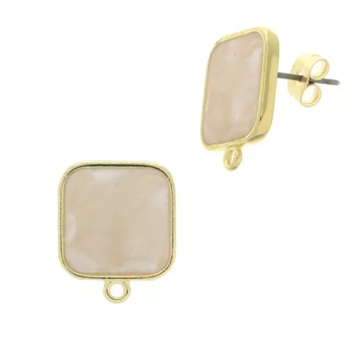 Chiodi di orecchie quadrato resina epo.17x15 mm - Dorato oro fino - White pearl x2