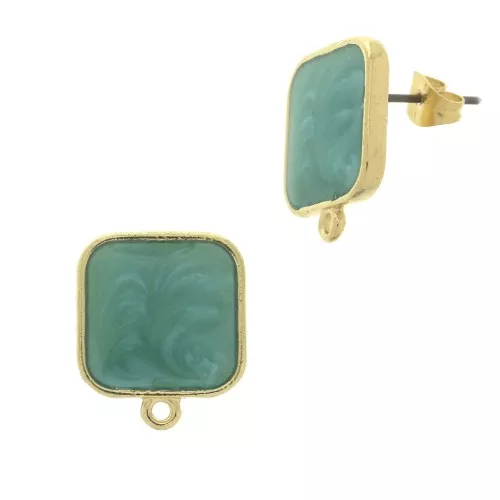 Chiodi di orecchie quadrato resina epo. 17x15mm Dorato oro fino-Turchese pearl x2