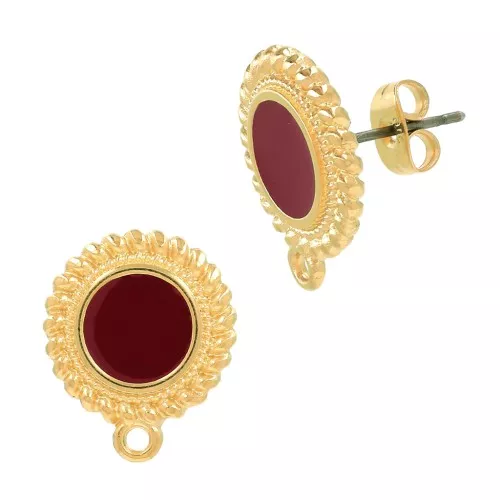 Chiodi di orecchie tondi etnico e resina 18x15 mm Dorato all'oro fino - Rosso x2