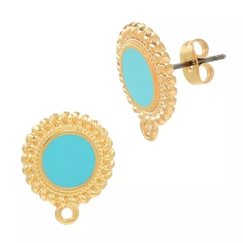 Chiodi di orecchie tondi etnico e resina 18x15mm Dorato all'oro fino - Turchese