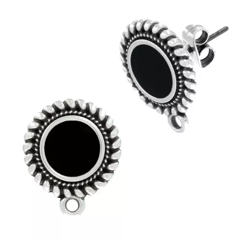 Chiodi di orecchie tondi etnico e resina 18x15 mm placcatura argento fino anticato - Nero x2