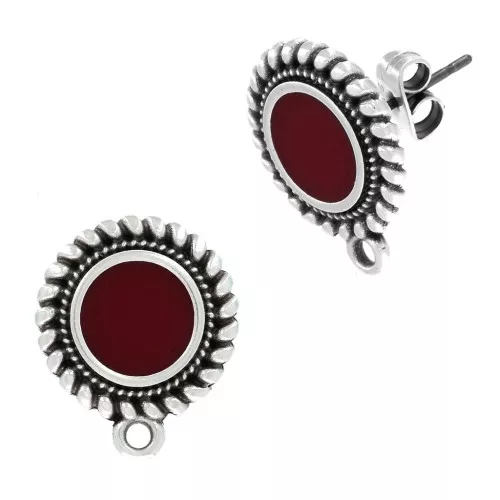 Chiodi di orecchie tondi etnico e resina 18x15 mm placcatura argento fino anticato - Rosso x2