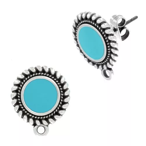 Chiodi di orecchie tondi etnico e resina 18x15mm placcatura argento fino anticato - Turchese