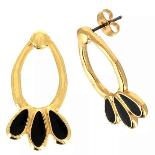 Clous d'oreilles goutte martelé & résine époxy 26x14mm - Dorato à l'or fin - Nero x2