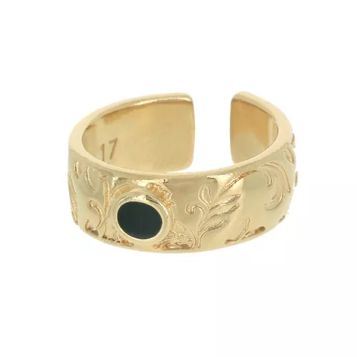 Anello regolabile- incisione foglia e resina - Dorato con oro fino - Nero x1
