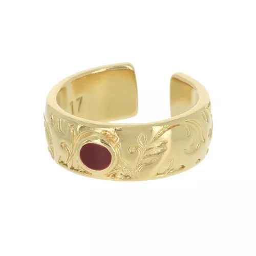 Anello regolabile- incisione foglia e resina- Dorato con oro fino - Rosso x1