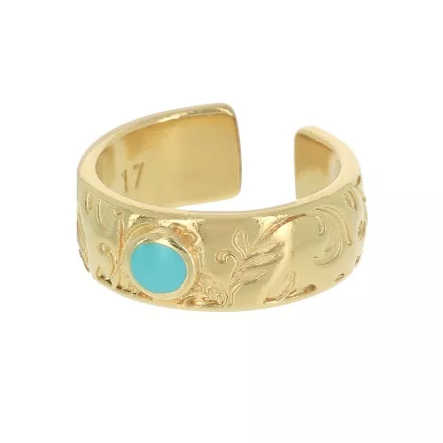 Anello regolabile- incisione foglia e resina - Dorato con oro fino- Turchese x1