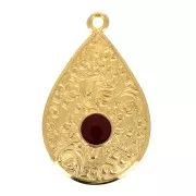 Pendente goccia motivo floreale e resina 28x17mm -Dorato con oro fino - Rosso x1