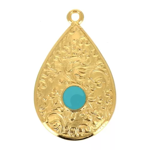 Pendente goccia motivo floreale e resina 28x17 mm Dorato con oro fino- Turchese