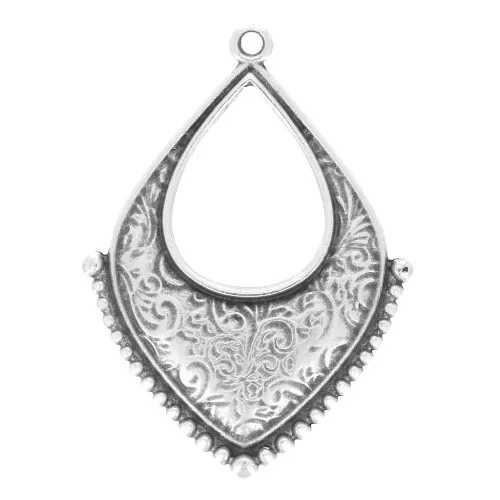 Pendente goccia etnica scavato con palline 36x27 mm - placcatura argento fino anticato x1