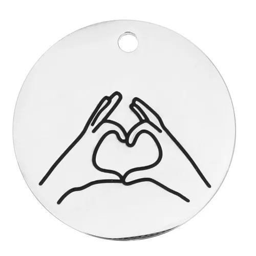 Pendente tondo cuore con le mani 25 mm - Acciaio inossidabile 316L x1