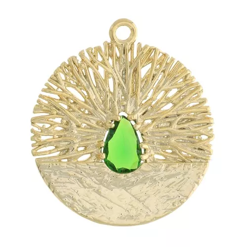 Pendente tondo lavorato con Ossido di zirconio 21x19 mm - Dorato - Verde x1