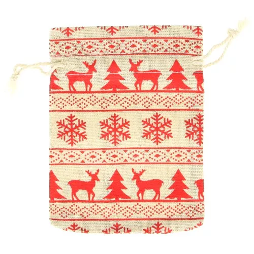 Sacchetti in cotone Natale per bijoux 95x135 mm - Beige - Rosso x1