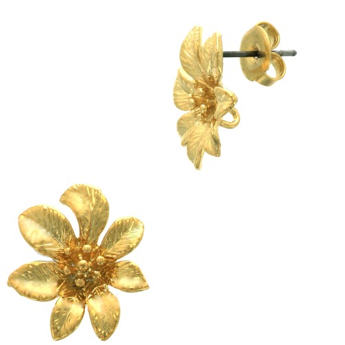 Chiodi di orecchie fiore 15.5 mm con anello aperto - Dorato con oro fino x2