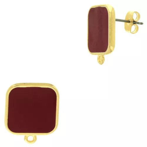 Chiodi di orecchie quadrato resina epo. 17x15 mm - Dorato oro fino - Rosso x2