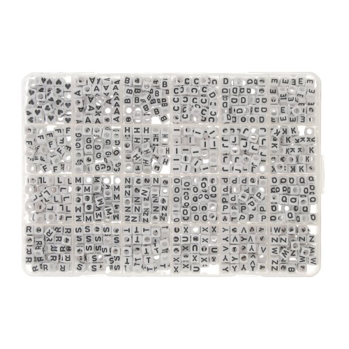 Cofanetto di 1200 perle lettere alfabeto e cuori forma cubo 6 mm - Bianco - Nero