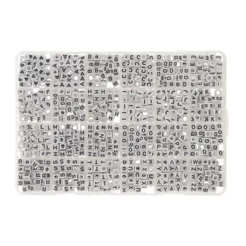 Cofanetto di 1200 perle lettere alfabeto e cuori forma cubo 6 mm - Bianco - Nero