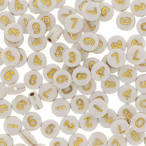 Assortimento di 100 perline- Cifre tonde - 7 mm Bianco - Dorato