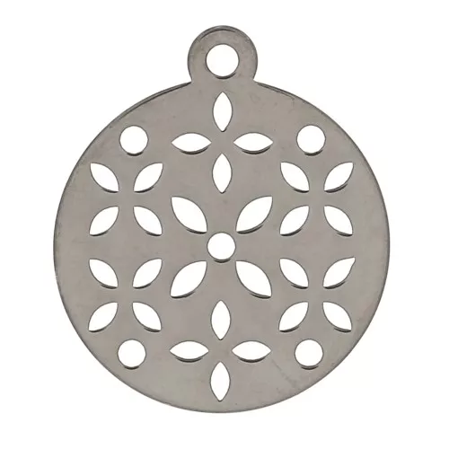Ciondolo rotondo traforato fiore 15 mm in Argento 925 Rodio Nero x1