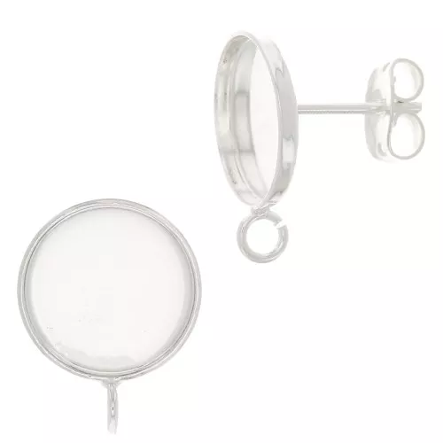 Orecchini a perno per cabochon a fondo piatto 12mm -Anello aperto- Argentato x2