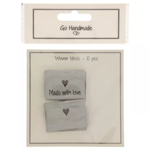 Kit di 10 etichette tessute da cucire - 35x19mm Made with love Grigio chiaro