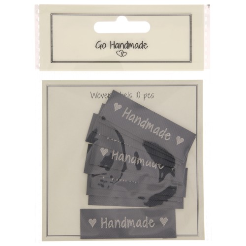 Kit di 10 etichette tessute da cucire 50x15 mm - Handmade - Grigio scuro - Beige