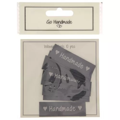 Kit di 10 etichette tessute da cucire 50x15 mm - Handmade - Grigio scuro - Beige