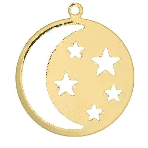 Pendente tondo con luna e stelle traforate 28x25 mm - Placcato oro 3 micron x1