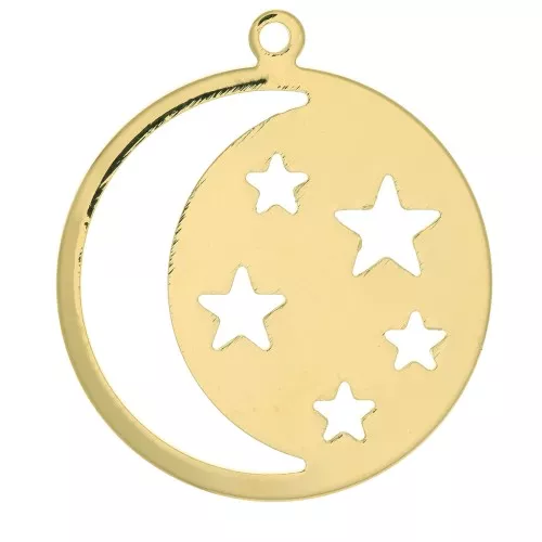 Pendente tondo con luna e stelle traforate 28x25 mm - Placcato oro 3 micron x1