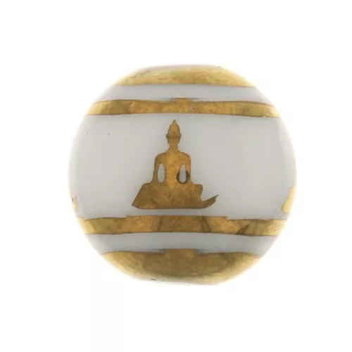 Perle di vetro tonde 10 mm - modello Buddha - Bianco - Dorato x4