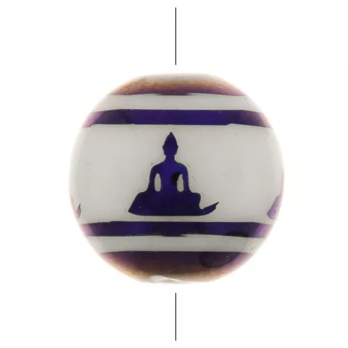 Perle di vetro tonde 10 mm - modello Buddha- Bianco - Viola metalizzato x4