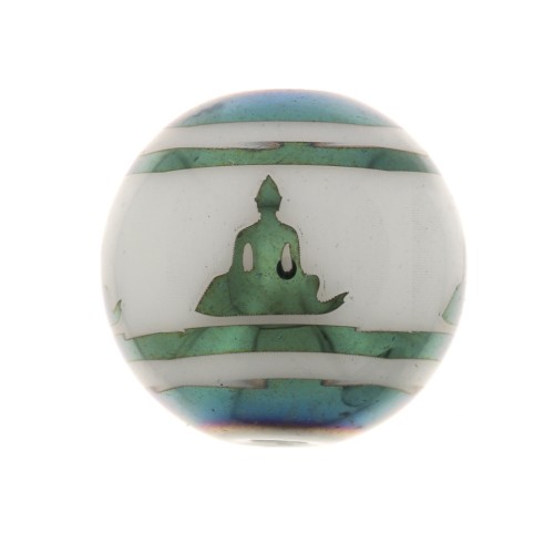 Perle di vetro tonde 10 mm - modello Buddha - Bianco - Verde blu metalizzato x4