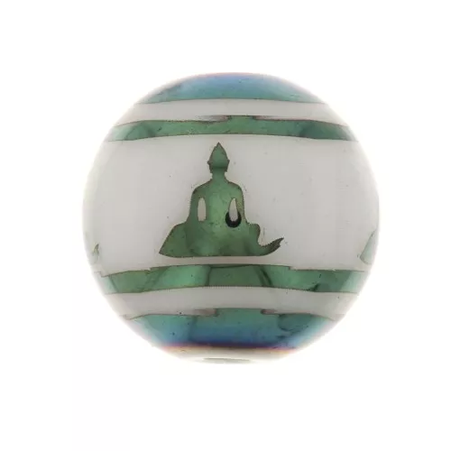 Perle di vetro tonde 10 mm - modello Buddha - Bianco - Verde blu metalizzato x4