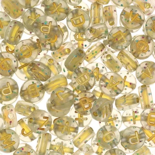 Assortimento di 125 perline- Lettere alfabeto tonde 7 mm Trasparenti- Dorato