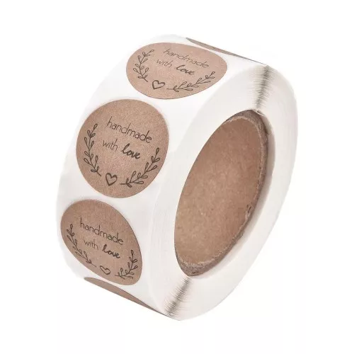 Rotolo di etichette autoadesive da 25 mm Handmade with Love - Marrone - Nero x500