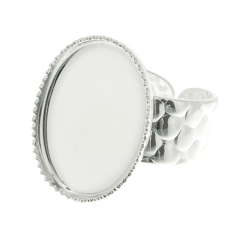 Anello martellato regolabile per cabochon 18x13 mm - Argentato x1