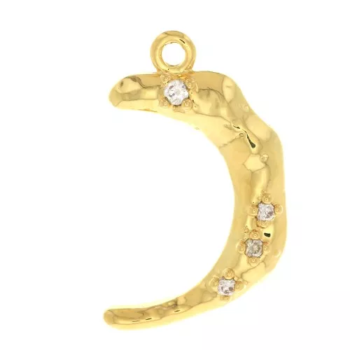 Pendente luna martelata con Ossido di zirconio 18x11 mm - Dorato- Cristallo x1