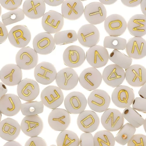 Assortimento di 200 perline- lettere alfabeto tonde - 7 mm Bianco - Dorato