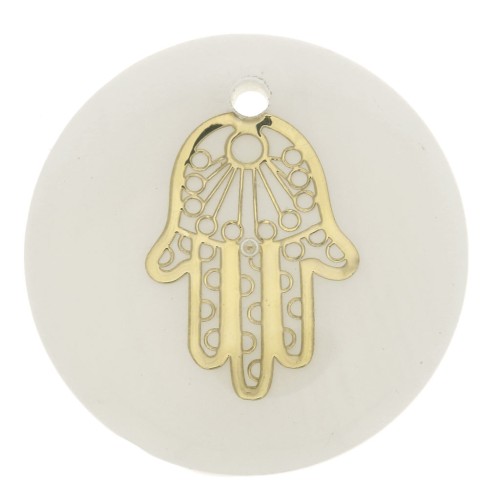 Pendente tondo 25 mm in madreperla mano di Fatma resinato - Dorato- Naturale x1