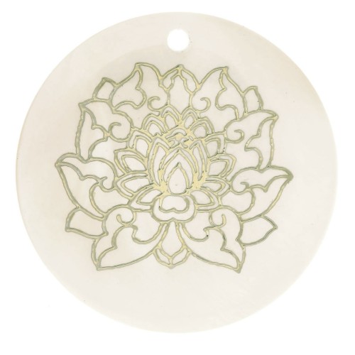 Pendente tondo 30 mm in madreperla fiore di Loto resinato - Dorato - Naturale x1