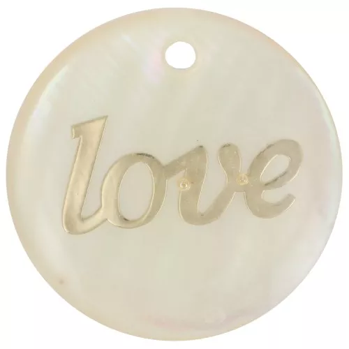 Pendente tondo 23 mm in madreperla Love resinato - Dorato - Naturale x1