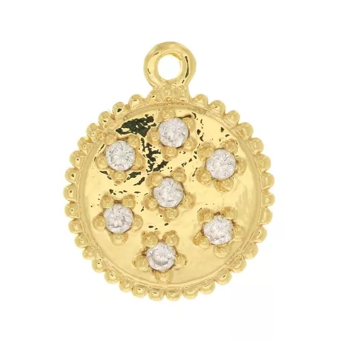 Ciondolo tondo lavorato con Ossido di zirconio 11 mm - Dorato con oro fino - Crystal x1