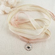 Nastro di seta 10 mm - Tie and dye - Crema - Rosa pallido x85cm