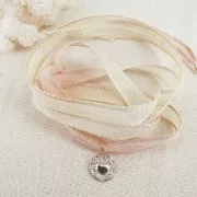 Nastro di seta 10 mm - Tie and dye - Crema - Rosa pallido x85cm