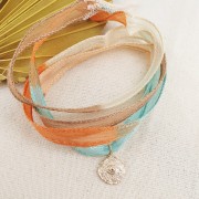 Nastro di seta 10 mm - Tie and dye - Blu chiaro - Marrone - Arancione x85cm