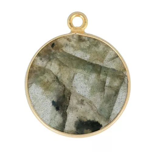 Pendente tondo pietra gemma 16 mm Arg. 925 Dorato con oro fino - Labradorite x1