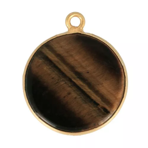 Pendente tondo pietra gemma 16 mm Arg. 925 Dorato con oro fino -Occhio di tigre