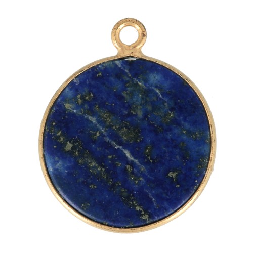 Pendente tondo pietra gemma 16 mm Arg.925 Dorato con oro fino Lapis lazzuli x1