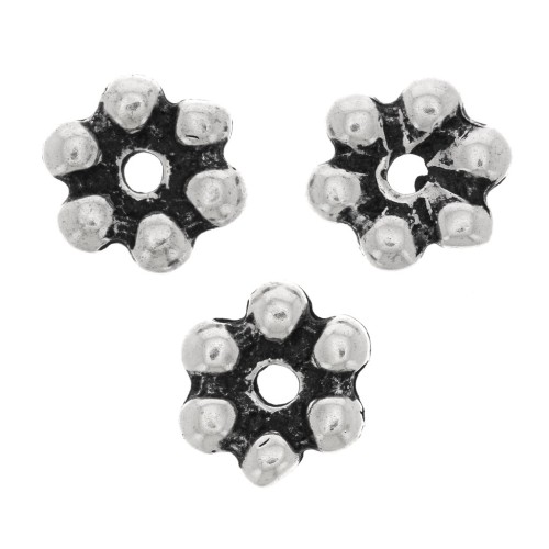 Perle rondelle fiore 6 petali - 10 mm - Argentato anticato x6